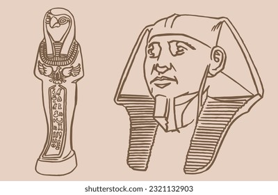 Graphical  sketchy vintage  set of Egypt statues of Pharaoh, vector illustration. 
