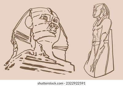 Graphical  sketchy vintage  set of Egypt statues of Pharaoh, vector illustration. 