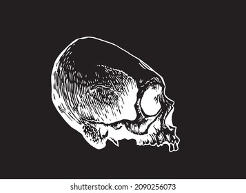 Graphical skull of Aztec civilazation isolated on black, long skull of ancient tribe, vector illustration