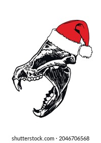 Graphical skull of bear in Santa Claus hat isolated on white , paleontology of ice age new year element