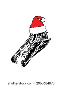 Graphical skull of crocodile in Santa Claus red hat isolated on white background, Christmas element,paleontology