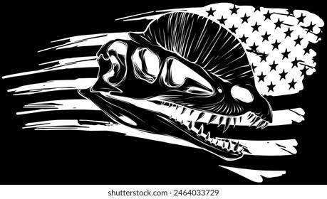 Graphical skull of dilophosaurus in white line on black background