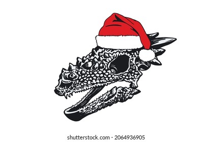 Graphical skull of dinosaur in Santa Claus hat, vector elements of ancient peroud