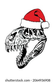 Graphical skull of dinosaur in Santa Claus hat, vector elements of ancient peroud