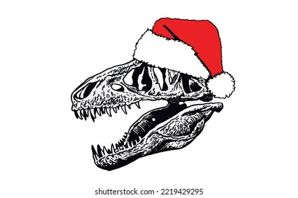 Graphical skull of dinosaur in Santa Claus hat  isolated on white background,New year illustration