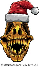 Graphical skull of dinosaur in Santa Claus hat, vector elements