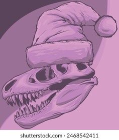 Graphical skull of dinosaur in Santa Claus hat, vector elements