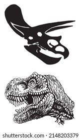 Graphical skull and head of dinosaur isolated on white background,vector engraved illustration for tattoo and printing