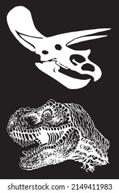 Graphical skull and head of dinosaur isolated on black background,vector engraved illustration for tattoo and printing