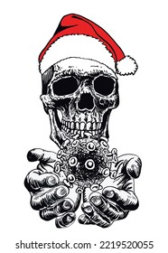 Graphical skull of human in Santa Claus red hat holding coronavirus molecule isolated on white, vector new year illustration, covid-19