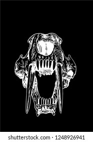 Graphical skull saber  toothed tiger isolated black background  vector sketch