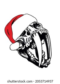 Graphical skull saber  toothed tiger in Santa Claus hat isolated white   paleontology ice age new year element