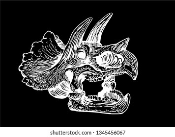 Graphical skull of triceratops isolated on black,vector sketch for tattoo and printing,paleontology