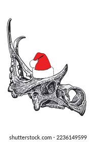 Graphical skull of triceratops in Santa Claus hat isolated on white background,vector illustration.Christmas element