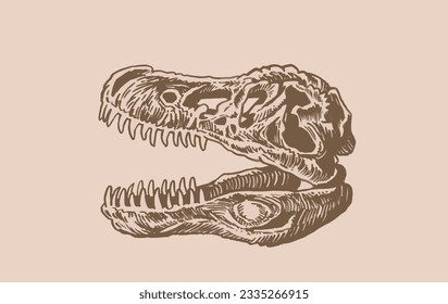 Graphical skull of tyrannosaurus on sepia background, vector vintage illustration