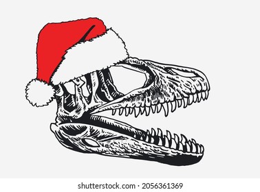 Graphical skull of tyrannosaurus in Santa Claus hat, Crhistmas element, dinosaur isolated on white