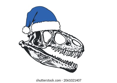 Graphical skull of tyrannosaurus in Santa Claus hat, Christmas element, dinosaur isolated on white