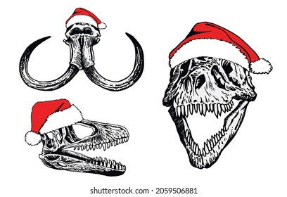 Graphical skulls of tyrannosaurus and mammoth in red hats on white background, illustration