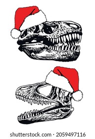 Graphical skulls of tyrannosaurus in Santa Claus hat isolated on white, vector elements, paleontology