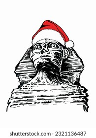 Graphical  sphinx in Santa Claus red hat isolated on white background,vector Christmas illustration . Egyptian landmark