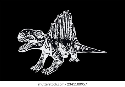 Graphical  spinosaurus on black background, vector engraved illustration,angry  dinosaur