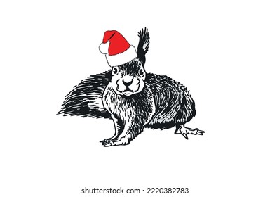 Graphical squirrel in red Santa Claus hat isolated on white background,vector illustration