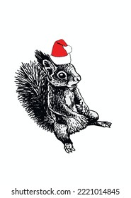 Graphical squirrel in red Santa Claus hat isolated on white background,vector illustration