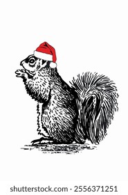 Graphical squirrel in red Santa Claus hat sitting and watching left on white, forest rodent, vector illustration	