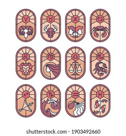 Símbolos astrológicos de vidrio con manchas gráficas, ilustraciones de mosaico de signos zodiacales de color. 