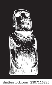 Graphical statue of Moai on black background, statue of Easter Island . Vector  engraved illustration