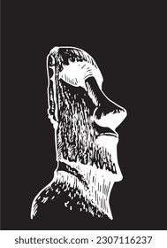 Graphical statue of Moai on black background, statue of Easter Island . Vector  engraved illustration