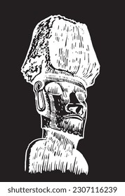 Graphical statue of Moai on black background, statue of Easter Island . Vector  engraved illustration