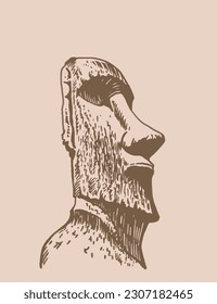 Graphical statue of Moai on sepia background, statue of Easter Island . Vector illustration