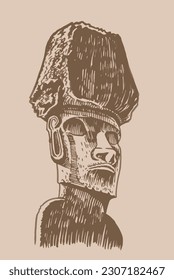 Graphical statue of Moai on sepia background, statue of Easter Island . Vector illustration