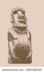 Graphical statue of Moai on sepia background, statue of Easter Island . Vector illustration