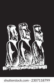 Graphical statues of Moai on black background, statues of Easter Island . Vector engraved  illustration