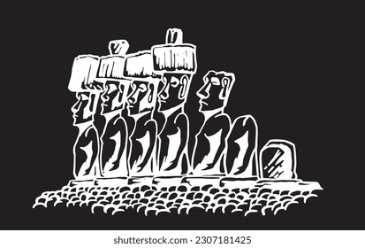 Graphical statues of Moai on black background, statues of Easter Island . Vector engraved  illustration