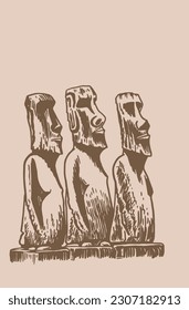 Graphical statues of Moai on sepia background, statues of Easter Island . Vector illustration