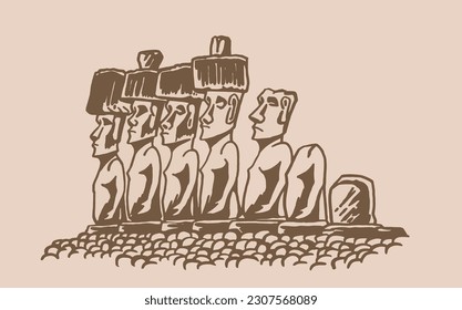 Graphical statues of Moai on sepia background, statues of Easter Island . Vector illustration
