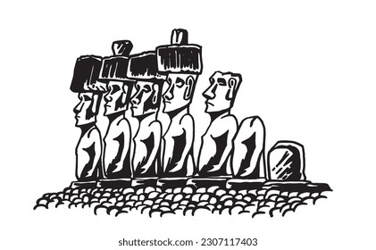 Graphical statues of Moai on white background, statues of Easter Island . Vector illustration