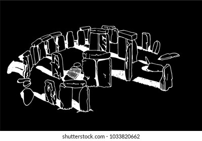 Graphical stonehenge on black background,vector sketchy illustration