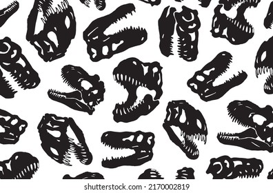 Graphical stylish cover with silhouettes of tyrannosaurus skulls on white, vector illustration . Fashion pattern,kids template 