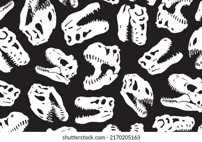 Graphical stylish cover with silhouettes of tyrannosaurus skulls on black, vector illustration . Fashion pattern,kids template 