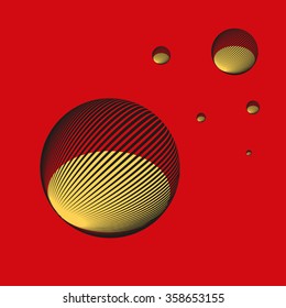 a graphical stylization of fluid drops, liquid gold on red background
