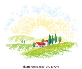 Graphical summer rural landscape with village.