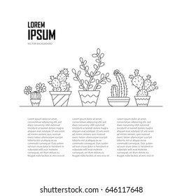 Graphical template with cactus and succulents in cute pots. Linear botanical vector with place for your text.