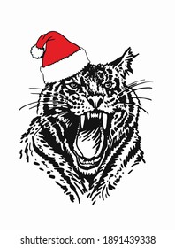Graphical tiger in Santa Claus hat isolated on white background, vector new year illustration
