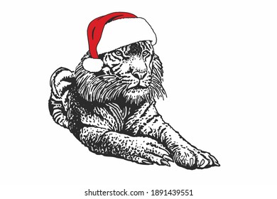 Graphical tiger in Santa Claus hat isolated on white background, vector new year illustration