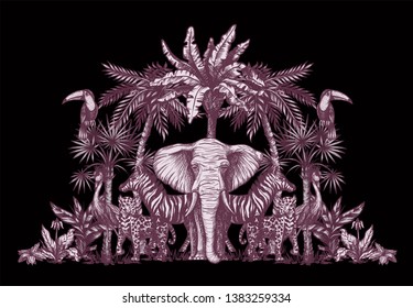 Graphical tropical tree such as palm, banana and jungle animals. 