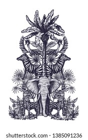 Graphical tropical tree such as palm, banana and jungle animals. 